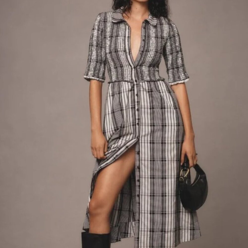 Anthropologie Maeve Short-Sleeve Smocked Midi Shirt Dress